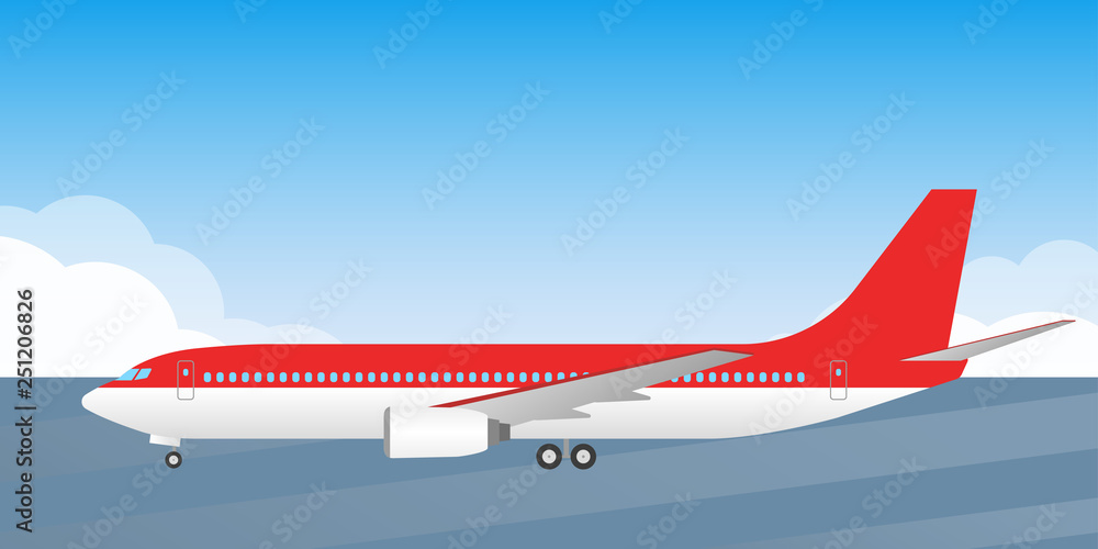 Passenger plane. Side view. Airplane is on the runway. Aircraft with wheels illustration. Vector illustration.