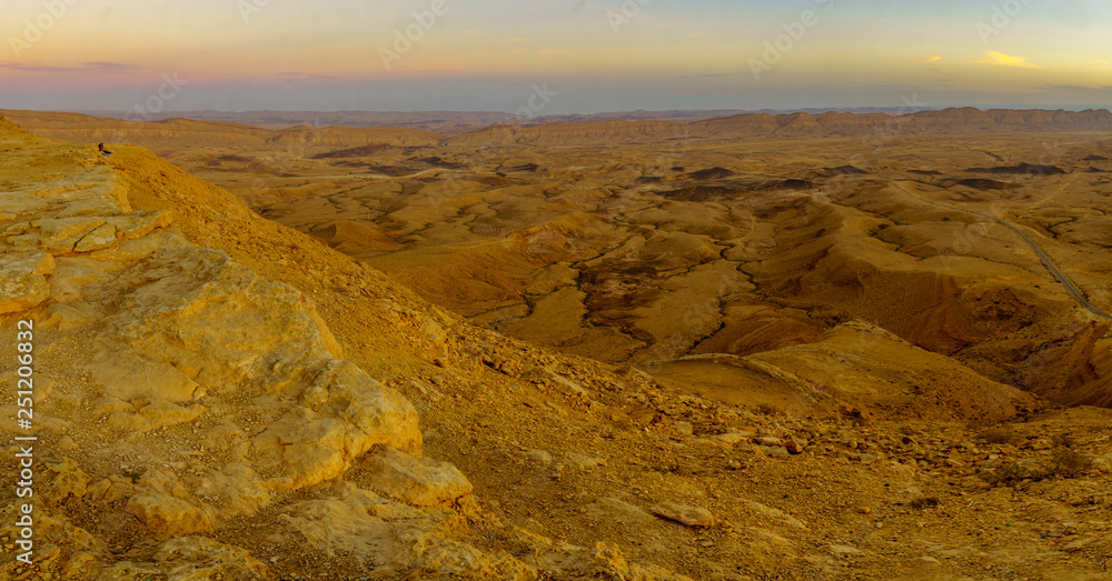 Panoramic sunset view of HaMakhtesh HaGadol (the big crater)