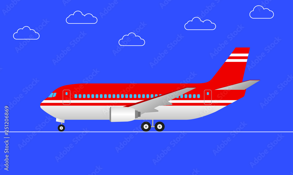 Plane in cartoon style. Side view. Passenger airplane with wheels. Vector illustration.