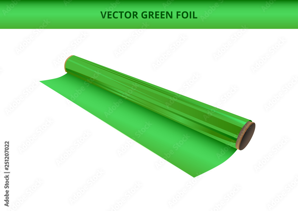 Vector illustration of open roll of plastic green foil. Packaging material,  decorative, wrapping or adhesive foil, hot stamping foil or other foil.  Icon is isolated on a white background. Stock Vector