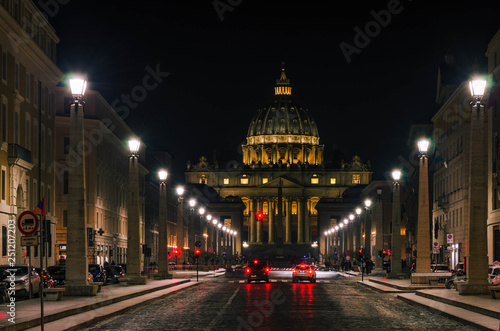Night view at St Peter's Basilica, one of the largest churches in the world located in Vatican city. © GIORGOS