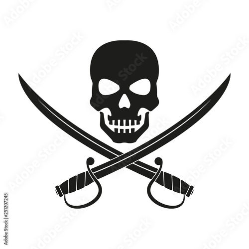 Jolly Roger with crossed swords. Pirate flag emblem with a skull and two sabers or scimitar swords. Vector illustration.