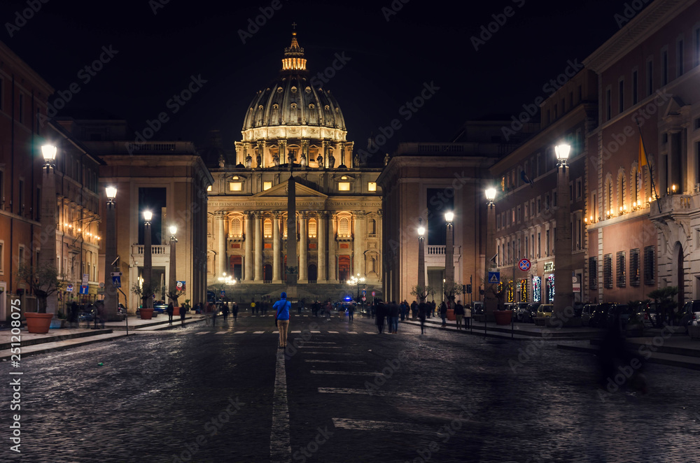 Night view at St Peter's Basilica, one of the largest churches in the world located in Vatican city.