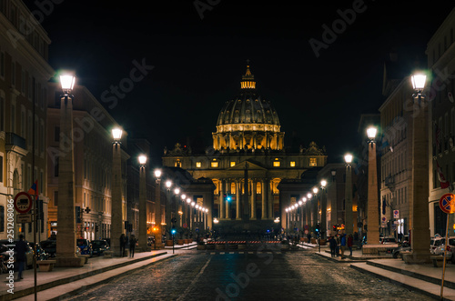 Night view at St Peter's Basilica, one of the largest churches in the world located in Vatican city. © GIORGOS