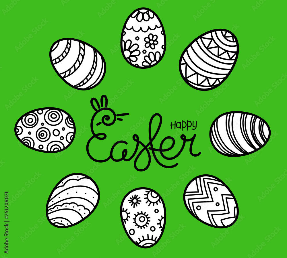 Easter greeting card with traditional decoration and lettring inscription. Vector sketchy illustration