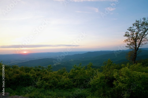 Shenandoah National Park Sun Set over mountains and rolling hills