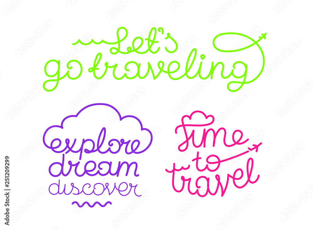 Traveling design vector logos. Lets go traveling. Time to travel. Explore dream discover