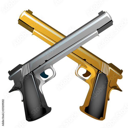 Silver and gold souvenir crossed handguns isolated on white background. Vector cartoon close-up illustration.