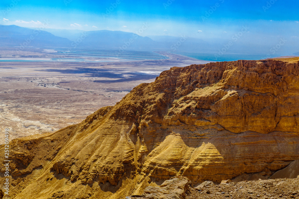 Cliffs and landscape of the Dead Sea, viewed from Masada