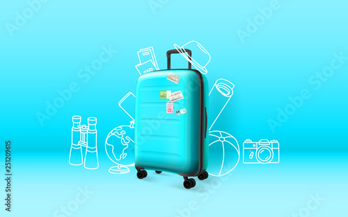 Blue plastic suitcase on blue background. Time to travel concept