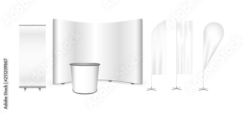 Vector exhibition promo set. Curved pop up trade show stand display, promotion retail trade table, roll up banner and feather advertising promo beach bow flags isolated on a white background.