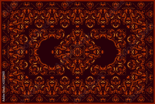 Vintage Arabic pattern. Persian colored carpet. Rich ornament for fabric design, handmade, interior decoration, textiles. Red background.