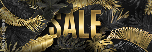 Vector sale big banner with gold tropical leaves