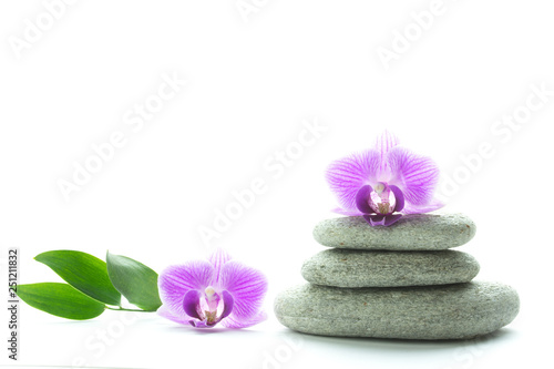 Two purple orchid blossoms - one on top of a pile of three white roundstones and the other next to it with three green leaves - text space