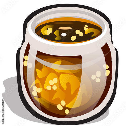 Glass transparent jar with jam made of physalis isolated on white background. Vector cartoon close-up illustration.
