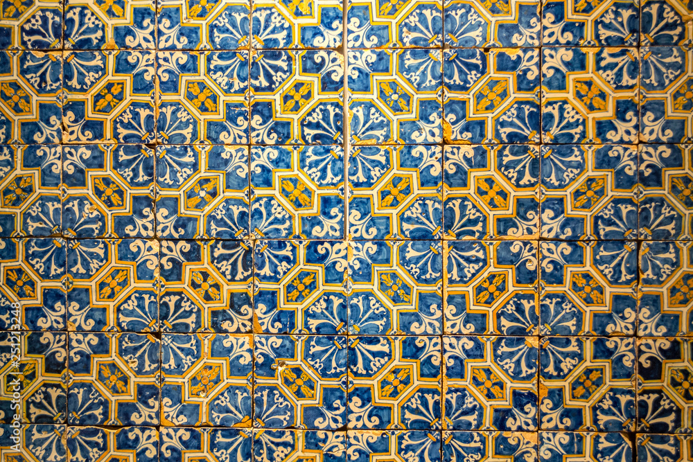 Decorative tiles (or azulejos) in a wall in the Iberian peninsula