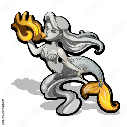 Marble sculpture of a mermaid with golden flipper and seashell isolated on white background. Vector cartoon close-up illustration.