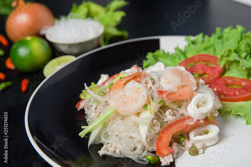 Close up Glass Noodle,Pork, shrimp Spicy Salad