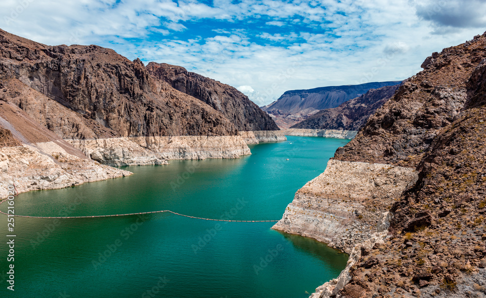 View of Lake Mead from the Hoover Dam,  in the Black Canyon of the Colorado River, on the border between the U.S. states of Nevada and Arizona. 