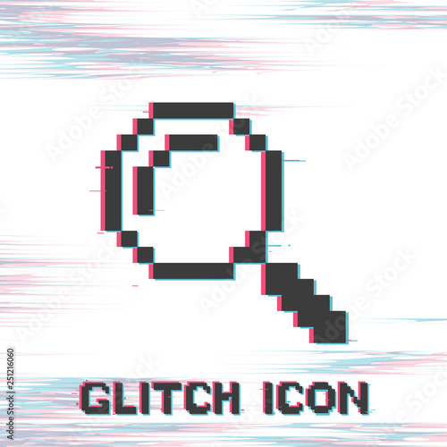 Search icon. Loupe, magnifying glass search icon. Glitch effect vector icon. Pixel art. 8 bit