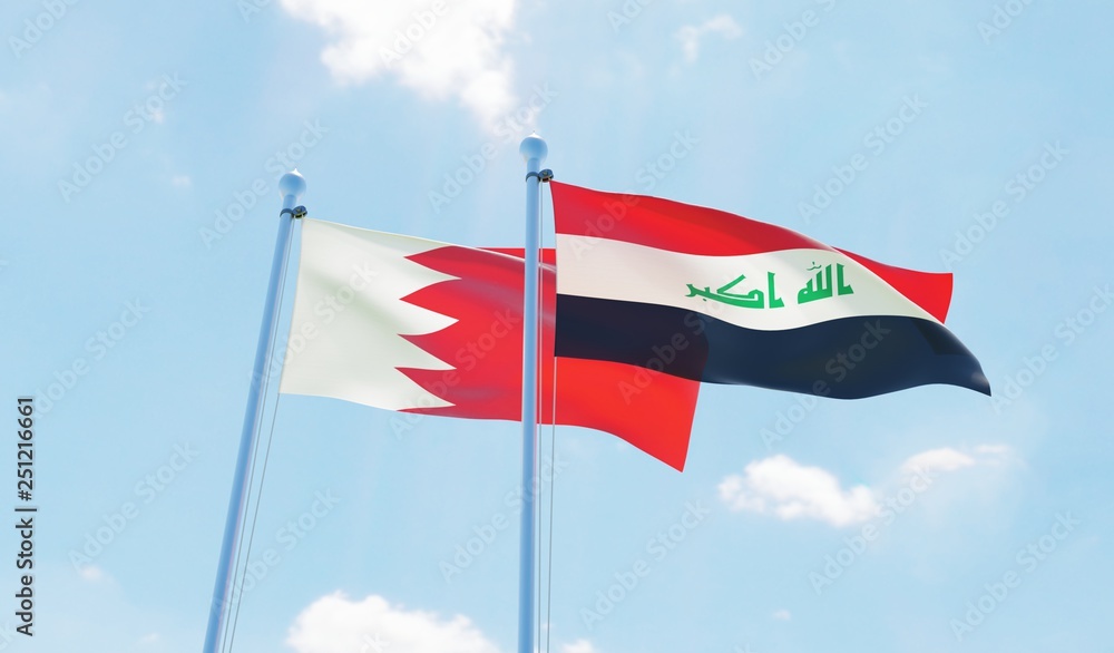 Iraq and Bahrain, two flags waving against blue sky. 3d image Iraq and Bahrain, two flags waving against blue sky. 3d image