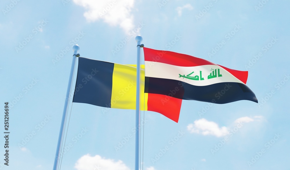 Iraq and Belgium, two flags waving against blue sky. 3d image Iraq and Belgium, two flags waving against blue sky. 3d image