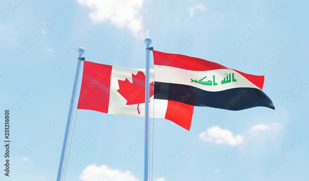 Iraq and Canada, two flags waving against blue sky. 3d image Iraq and Canada, two flags waving against blue sky. 3d image