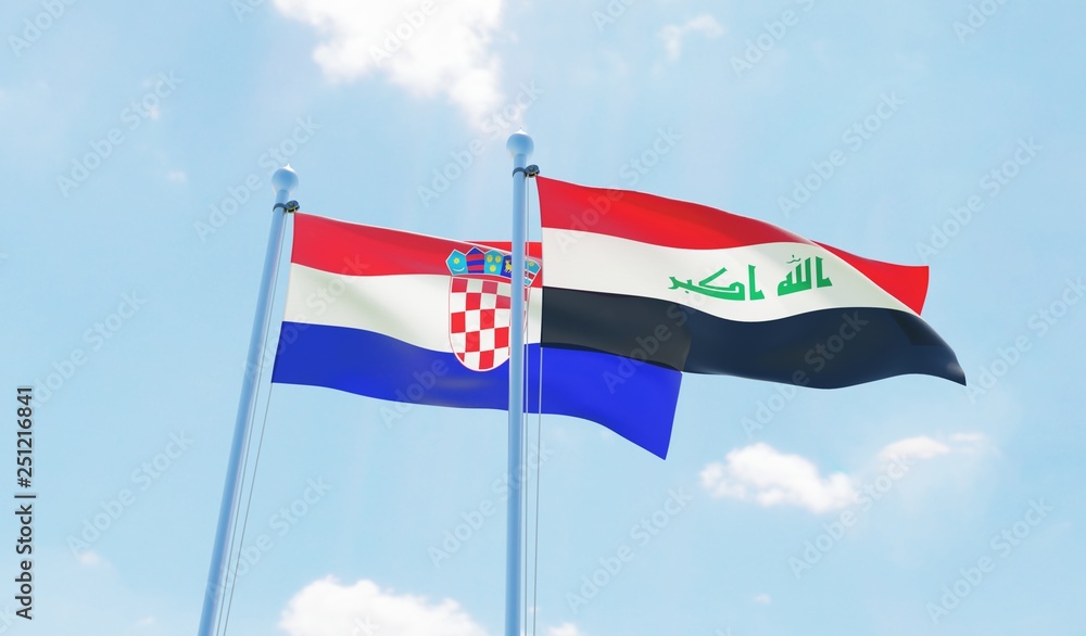 Iraq and Croatia, two flags waving against blue sky. 3d image