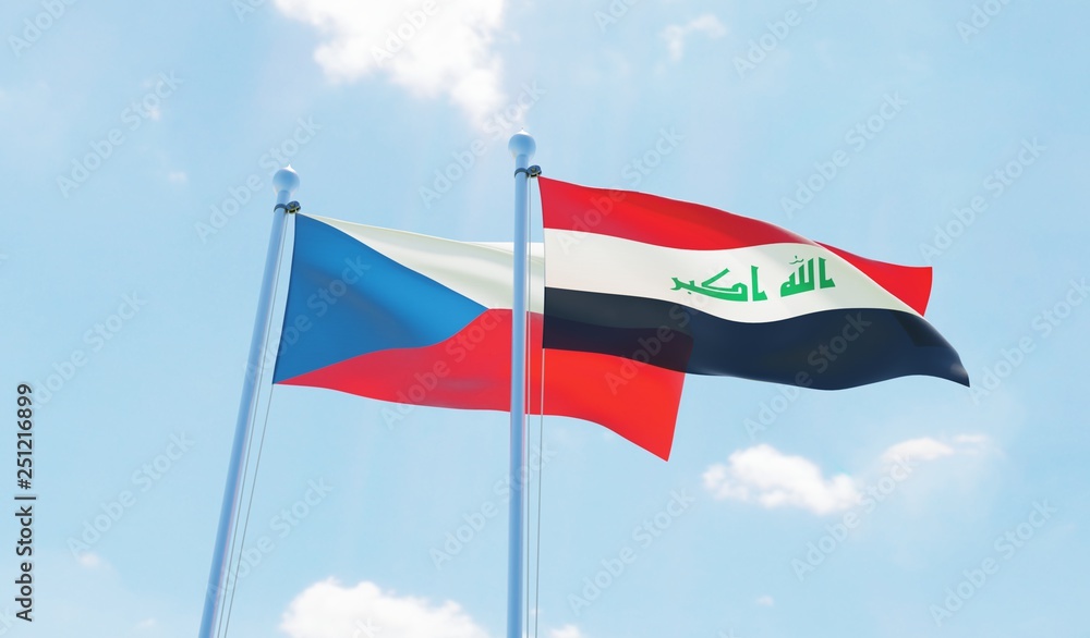 Iraq and Czech Republic, two flags waving against blue sky. 3d image Iraq and Czech Republic, two flags waving against blue sky. 3d image
