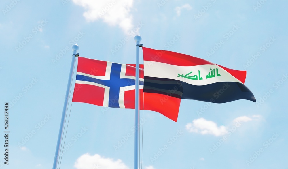 Iraq and Norway, two flags waving against blue sky. 3d image Iraq and Norway, two flags waving against blue sky. 3d image