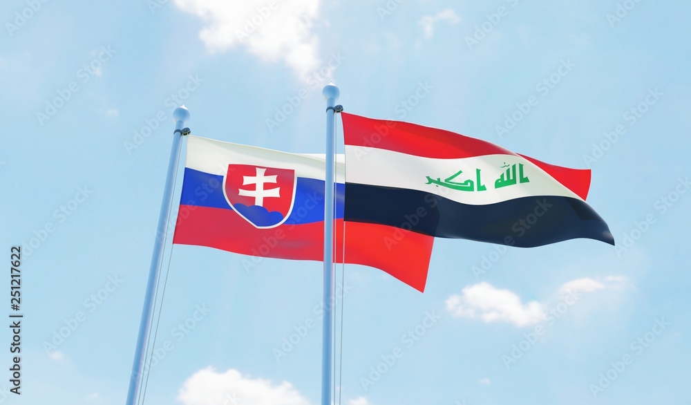 Iraq and Slovakia, two flags waving against blue sky. 3d image Iraq and Slovakia, two flags waving against blue sky. 3d image