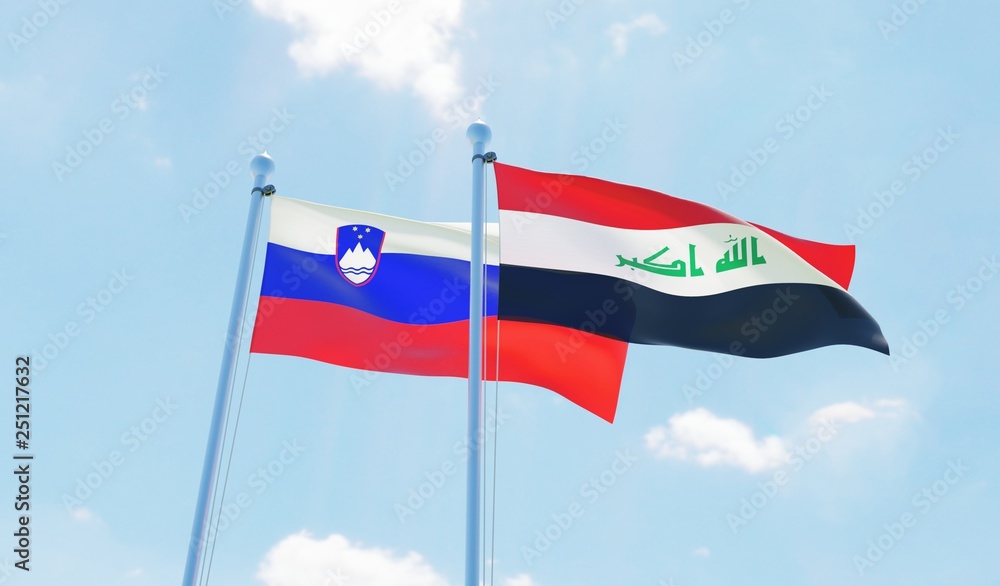 Iraq and Slovenia, two flags waving against blue sky. 3d image Iraq and Slovenia, two flags waving against blue sky. 3d image