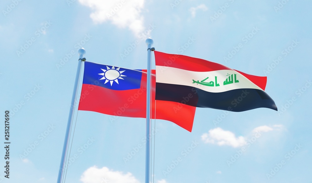 Iraq and Taiwan, two flags waving against blue sky. 3d image Iraq and Taiwan, two flags waving against blue sky. 3d image