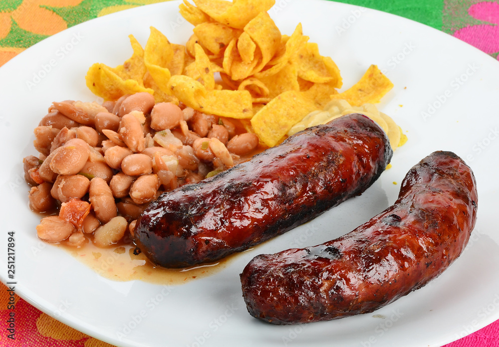 Spicy Grilled Sausage with Borracho Beans and Corn Chips