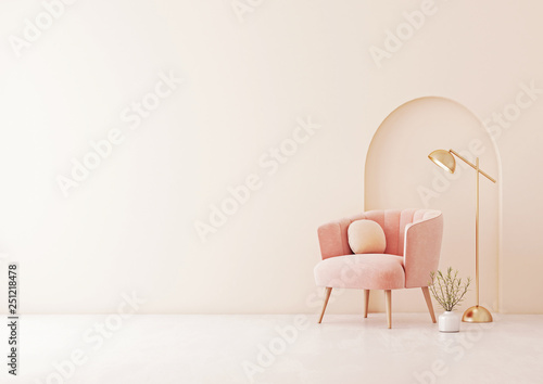 Living room interior wall mock up with pastel coral pink armchair, round pillow, lamp, plant and arch on empty beige wall background. 3D rendering.