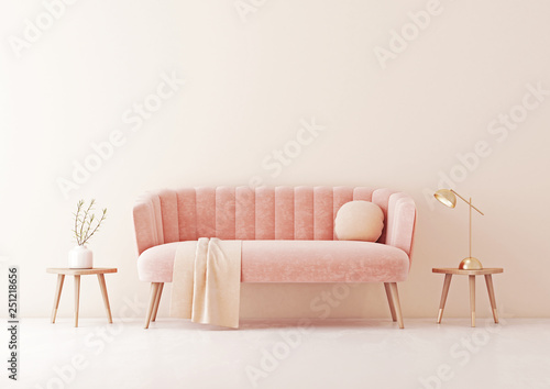 Living room interior wall mock up with pastel coral pink sofa, round pillow and plaid on empty beige wall background. 3D rendering.