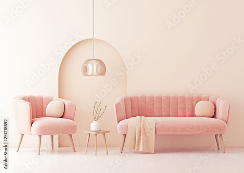 Living room interior wall mock up with pastel coral pink sofa and armchair, round pillows, plaid, pendant lamp and decorative arch on beige wall background. 3D rendering.