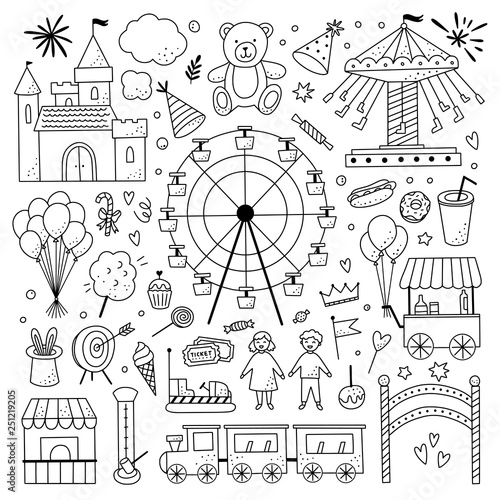 Outline amusement park vector illustrations. Hand drawn attractions, food, carousel, ferris wheel set of icons on white background