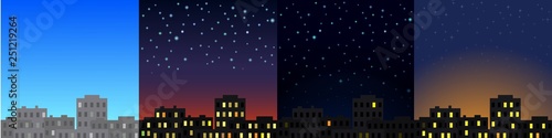 Morning, afternoon, evening and night city landscape.