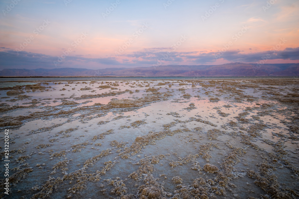 Sunset view of salt formations in the Dead Sea