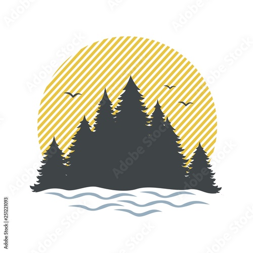 Silhouette of coniferous forest and lake