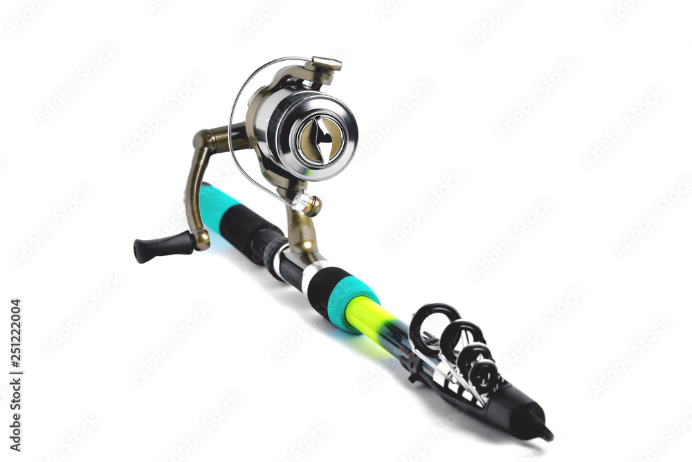 fishing reel on a fishing rod, white background close-up fishing reel on a fishing rod, white background close-up