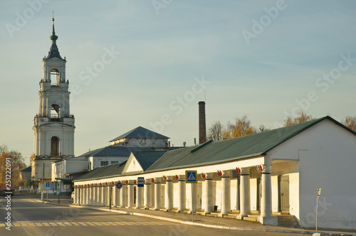 Trade rows and cathedral of Icon of Our Lady of Kazan in Nerekhta. Kostroma oblast. Russia
