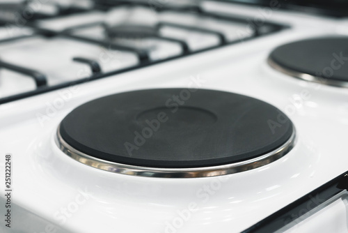 Modern electric stove surface close up background.