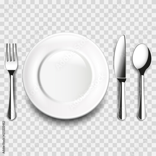 Plate and cutlery on white table isolated vector illustration