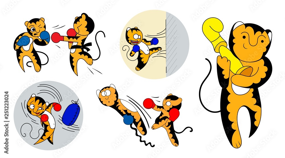 Set of vector cartoon illustrations of a cute young tiger cub martial artist.
