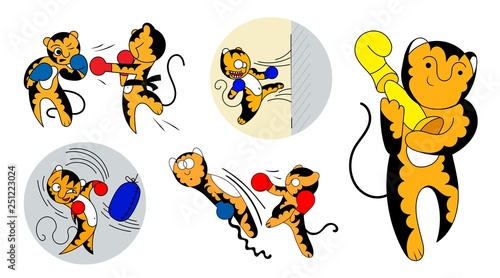 Set of vector cartoon illustrations of a cute young tiger cub martial artist.