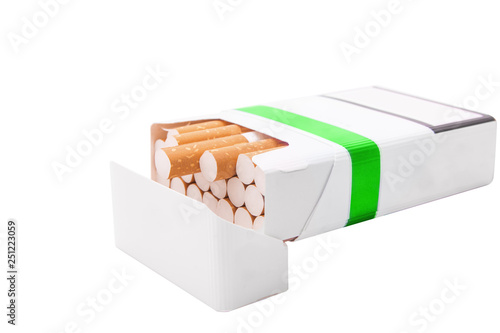 Open green pack of cigarettes isolated on white