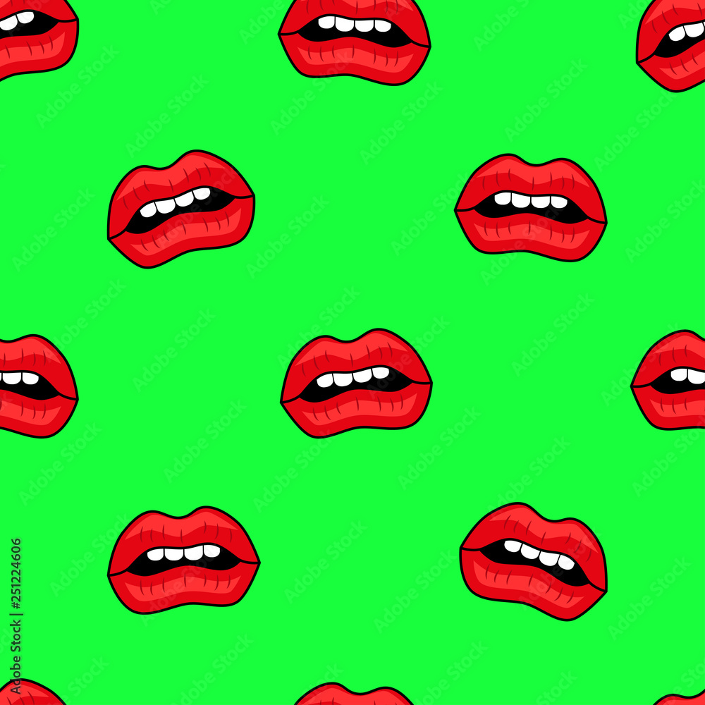 Fototapeta premium Female lips. Mouth with a kiss, smile, tongue, teeth and kiss me lettering on background. Vector comic seamless pattern in pop art retro style. Abstract seamless pattern for girls, boys, clothes.