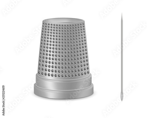 Creative vector illustration of needle, thimble isolated on transparent white background. Art design sewing tailor tools and accessories. Abstract concept graphic silver metal vintage element
